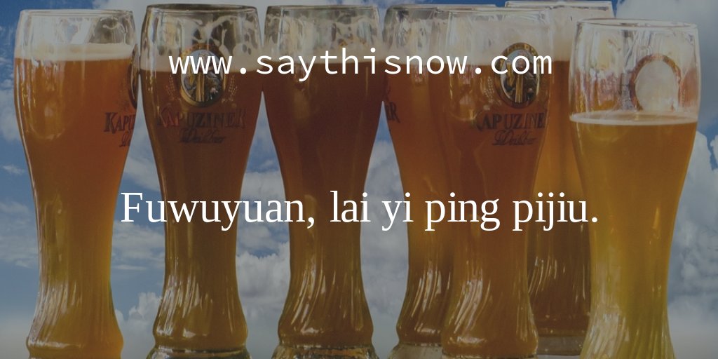 SayThisNowExec's tweet image. #Chinese #phraseoftheday. Waiter, please bring me a beer. fúwùyuán, lái yī píng píjiǔ. 服务员，来一瓶啤酒。More phrases at: buff.ly/2dgqH1O