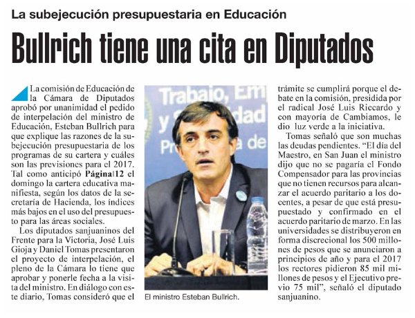 Avanza en Diputados el pedido de interpelación a <a href="/estebanbullrich/">Esteban Bullrich</a> para que explique la subejecución presupuestaria en Educación.