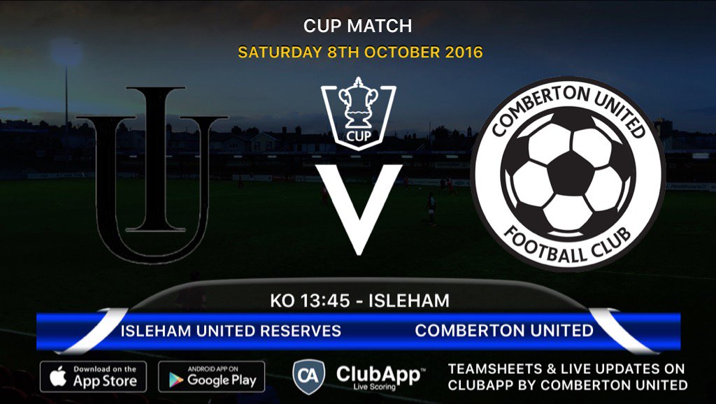 Sat 8th Oct
@CombertonFC Vs <a href="/IslehamUtdFC/">Isleham United FC</a>
KO 13:45 at Isleham.
Good luck to the Ressies on Saturday.