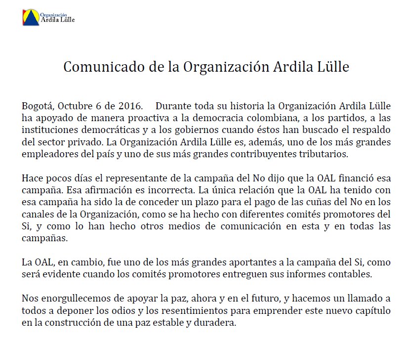 Comunicado oficial de la Organización Ardila Lülle sobre la no financiación de la campaña del No en el plebiscito