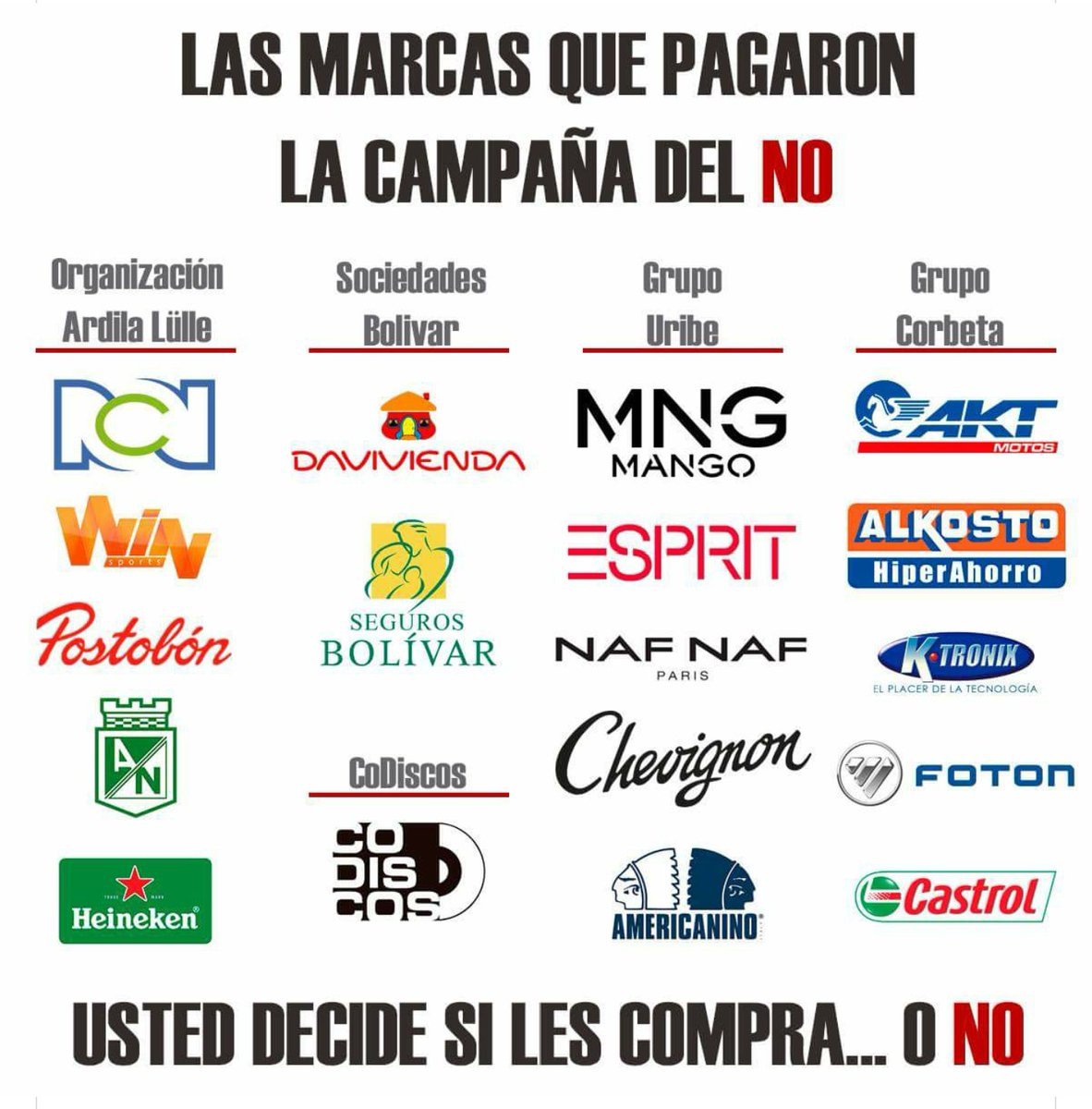 Boicot A Estas Organizaciones.
#SiALaPaz 
#ArdilaLulle #SociedadesBolivar #GrupoUribe #GrupoCorbeta #RCN #Postobon #Davivienda
