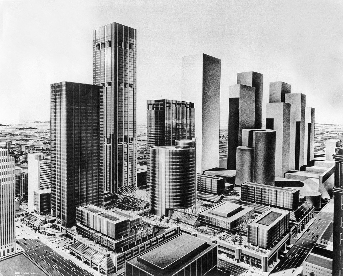 PresHou's tweet photo. #tbt to 1970: the rendering for Houston Center, a proposed 33-block mixed-use complex in downtown Houston. (Spoiler: Not built as planned.) https://t.co/0dKLABaUn0
