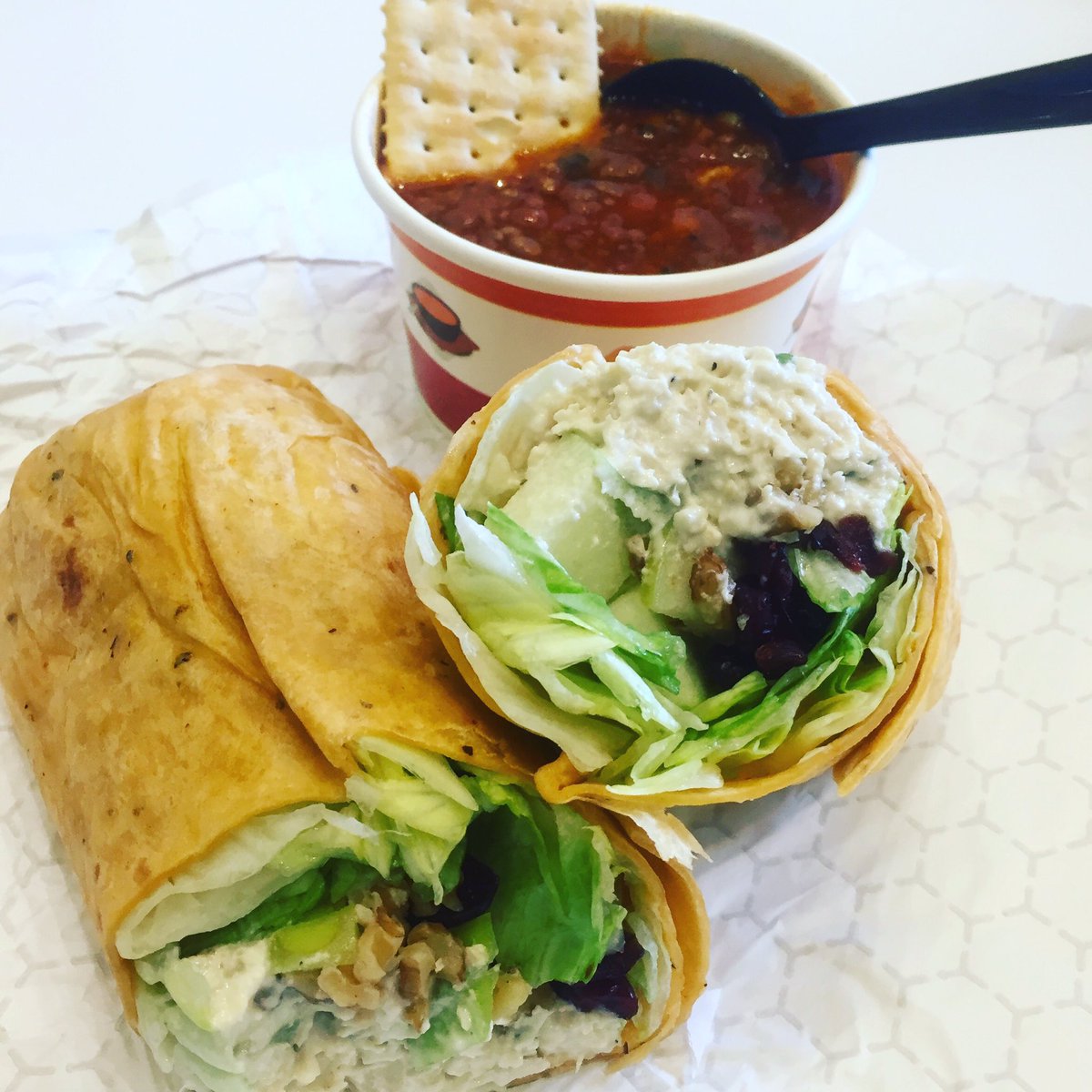 CrunchBistro's tweet photo. Our homemade chili w/cactus paired with our chicken salad wrap. The perfect combo for this weather! #CrunchBistro https://t.co/elpTnDZbw7