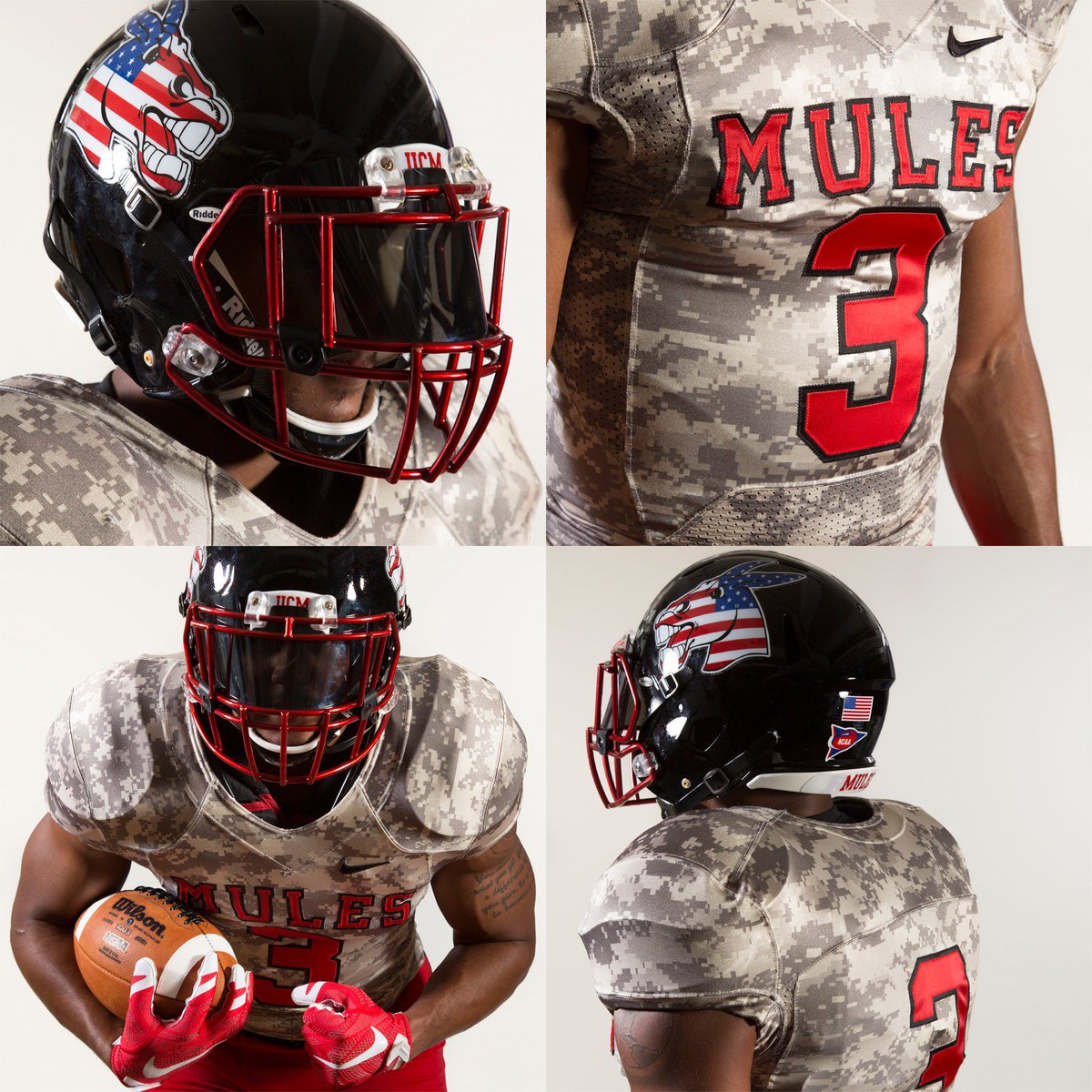 UCMFootballTeam's tweet photo. The Mules will be sporting the red, white and blue logo this weekend with camouflage uniforms for Military Appreciation Day. #teamUCM https://t.co/1wSaB91UtN