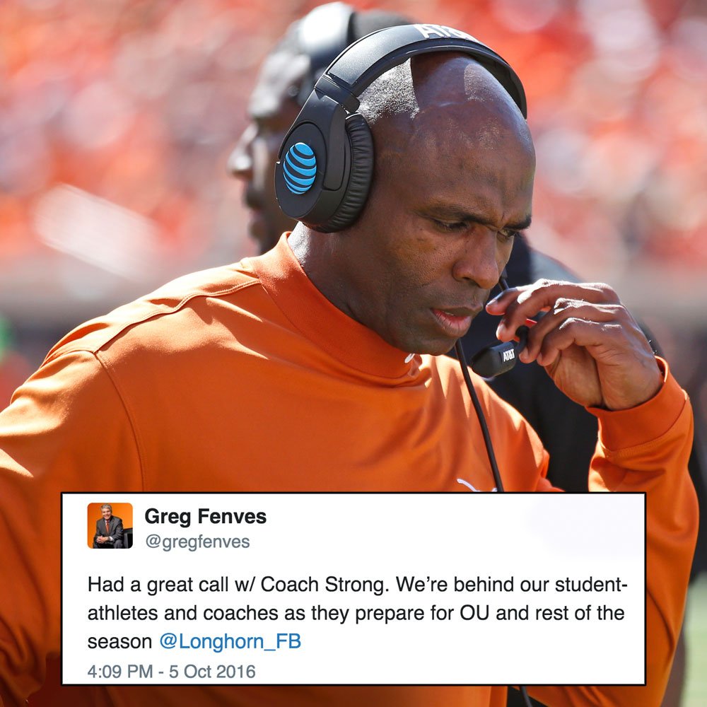 ESPNCFB's tweet photo. Texas president Greg Fenves tweets support for Charlie Strong ahead of Oklahoma game despite 2-2 record. https://t.co/0E1B5C9AAX
