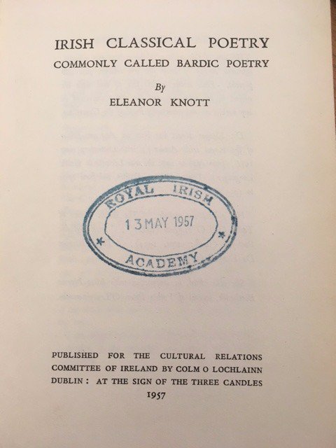 RIAdawson's tweet photo. 'Filíoct na Scol' writings on Irish Bardic poetry by #WomenonWalls subject Eleanor Knott @KnottEleanor on #NationalPoetryDay https://t.co/o5pKSz8FTt