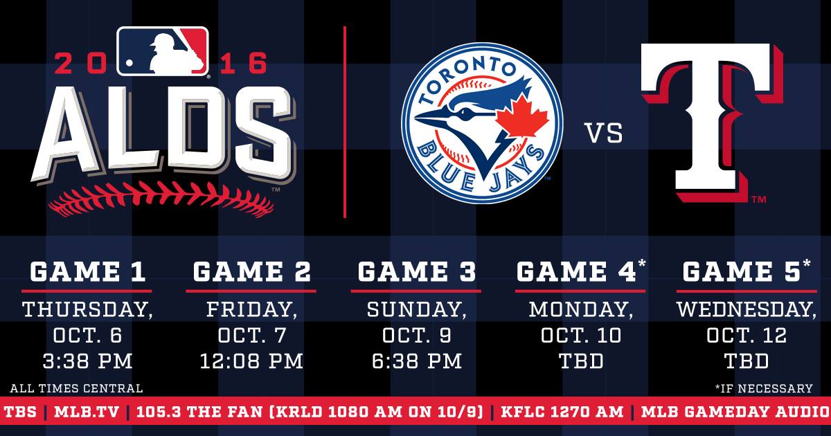 Game 1 starts today at 3:38 P.M. Be sure and support your Texas Rangers and wear red as they face the Blue Jays!!