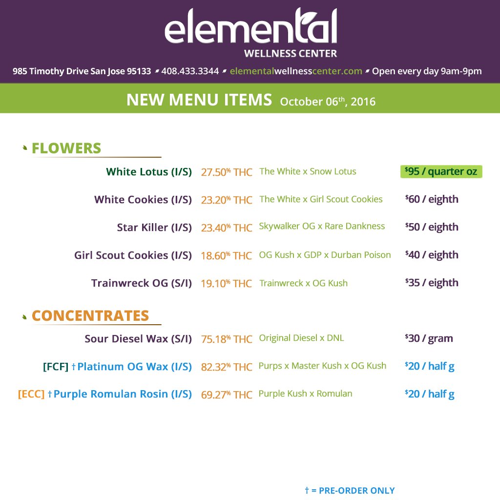 Elemental2009's tweet image. MENU UPDATE &amp;gt;&amp;gt; #WhiteCookies is a treat on the top shelf 🍪 + #SourDiesel Wax in @ 75% #THC #elementalupdate