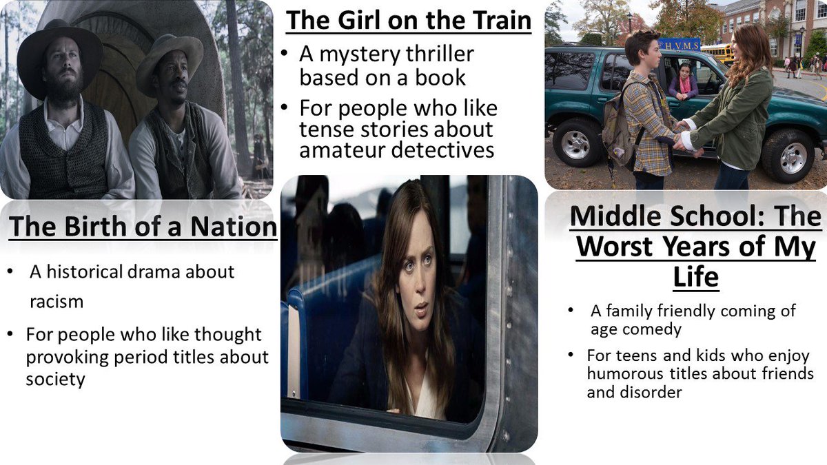 #girlonthetrain #MiddleSchoolMovie and
#TheBirthofaNation are out this weekend, which one fits your taste?