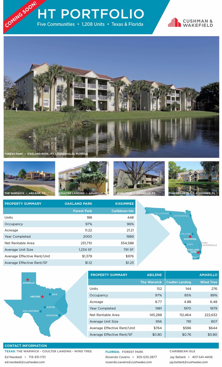 Our team is pleased to present five #Apartment communities totaling 1,208 units in #Florida & #Texas! More info coming soon. #InvestmentOpp