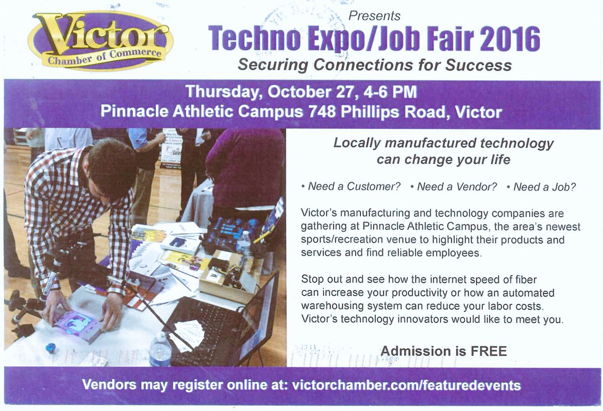 DrSamSamanta's tweet photo. #TechnoExpo #JobFair2016 Oct.27 4-6 pm @Pinnacle_Roc #Victor_NY #ROC #FLX @VictorChamber welcomes #VendorRegistration #JobSeekers #Students! https://t.co/Jzs7DqhEYh