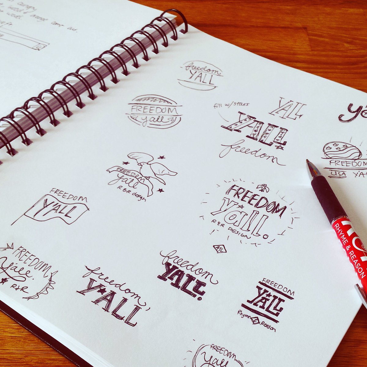 RhymeAndReason3's tweet photo. Here's a little sneaky-peek into our process here at R&R, featuring ideas for our infamous Fourth of July shirts. #TBT #FreedomYall https://t.co/G2mhs9OocT