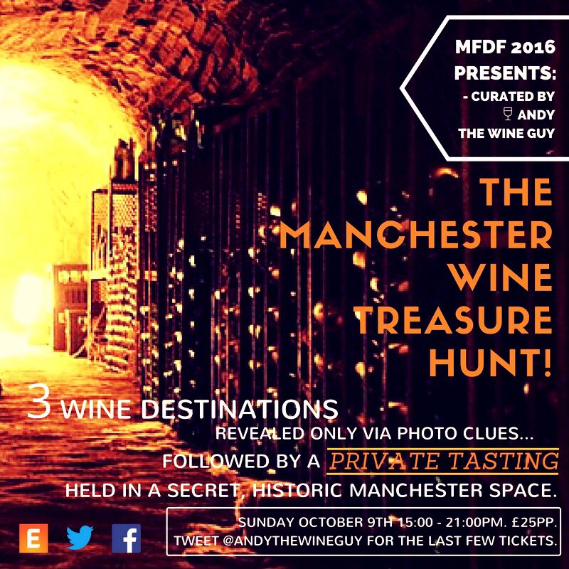 AndyTheWineGuy's tweet image. Free this Sunday? There's 4 tickets available for my #wine treasure hunt across #Manchester for @MFDF16 culminating with a secret tasting!