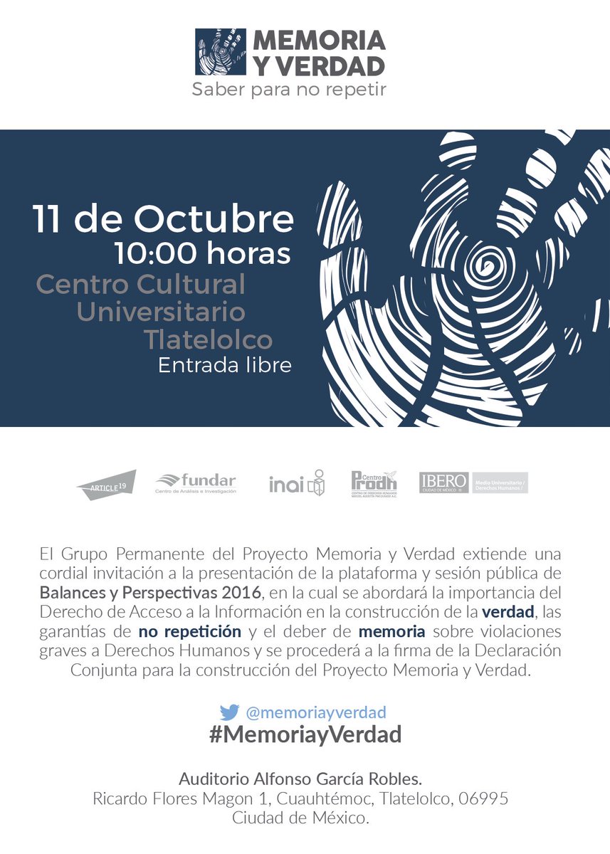 Ayotzinapa, San Fernando, Tlatelolco, Acteal... eventos que no pueden repetirse. #MemoriaYVerdad Martes 11 octubre 10AM en <a href="/ccutlatelolco/">CCU Tlatelolco</a>