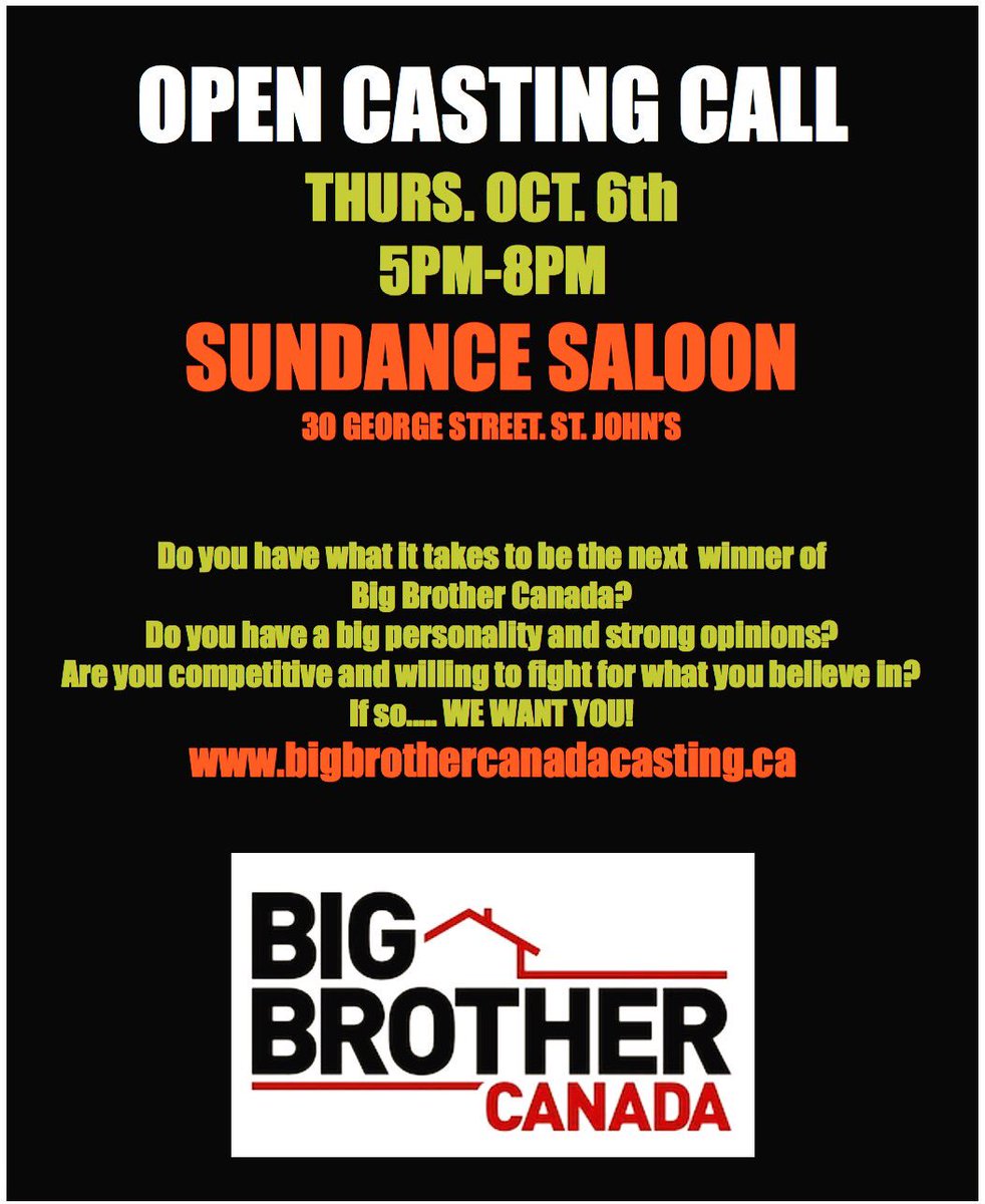 BB_Casting's tweet photo. #BigBrotherCanada open #casting call in #StJohns #Newfoundland TONIGHT 5PM-8PM @SundanceNL #BBCan #BBCan5 #BigBrother https://t.co/i7g9ykIgt3