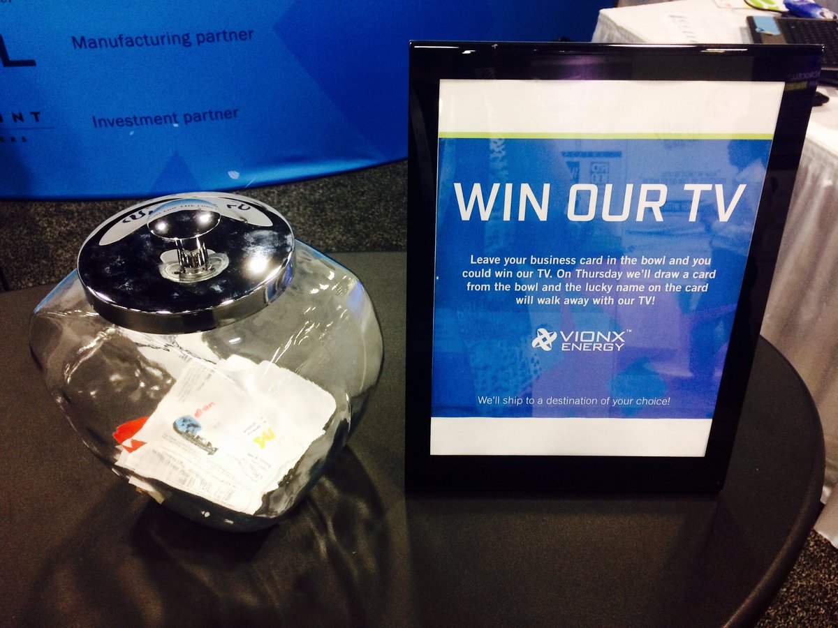 VionxEnergy's tweet photo. Today's the day! Come by booth 524 for the chance to win our TV! #ESNA2016 #raffle #energystorage https://t.co/Jbl09lH3JP