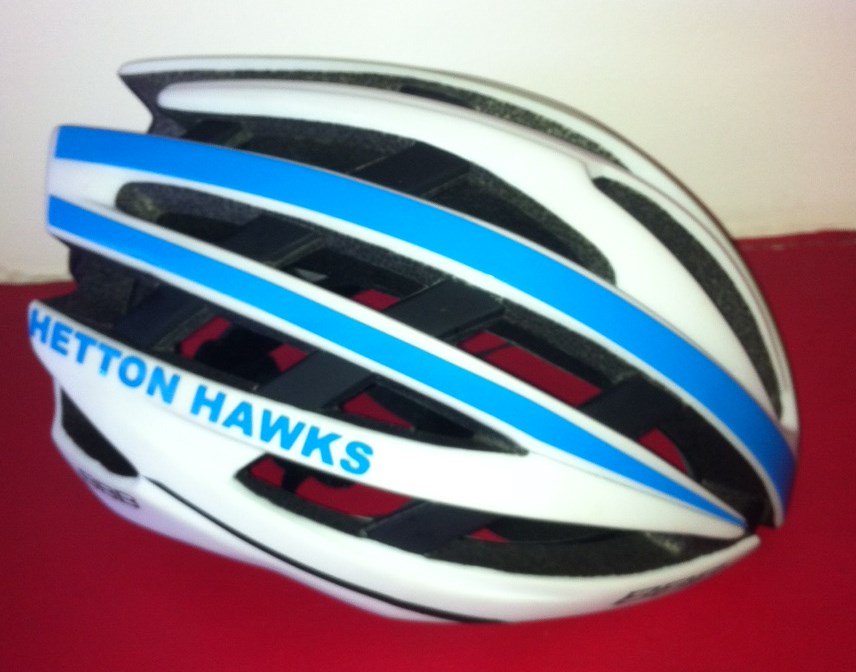 Great to work with a <a href="/HettonHawks/">Hawks CC</a> member to change their plain white helemt to suit the club colours!