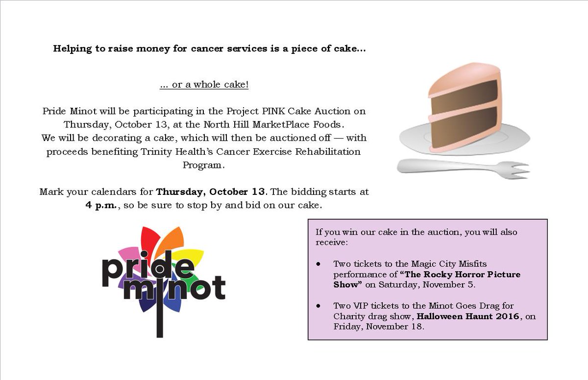 PrideMinotND's tweet photo. Check out our cake @ the Project PINK Cake Auction next Thursday! Cake comes w/ tix to Rocky Horror and drag show! #PrideMinotND https://t.co/VbKmcs5w8D