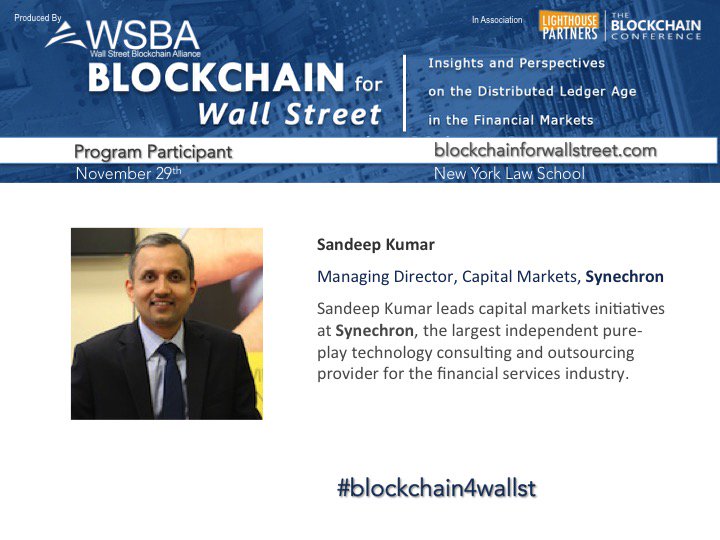 Blockchain4Wall's tweet image. Honored to have Sandeep Kumar of @Synechron join our Blockchain for Wall Street program. #blockchain #KillerApps #Finserv #blockchain4wallst