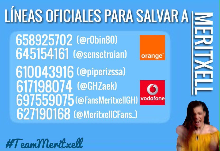 MeritxellGh17's tweet photo. Una ayudita nunca viene mal.. aquí os dejo las lineas de recarga para Meritxell. ¡A recargar! https://t.co/Cj4Kt9VjSI