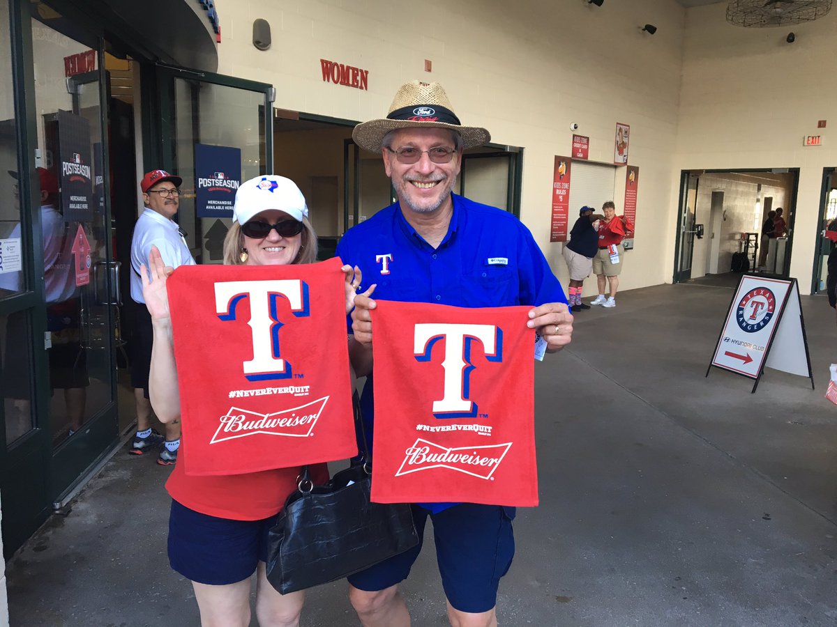 FanDuelSN_SW's tweet photo. Don't forget your @Rangers #RedOutTheBallpark rally towels when you get here! #PostSeason #ALDS #NeverEverQuit #GLP https://t.co/rS4k1KBDw6