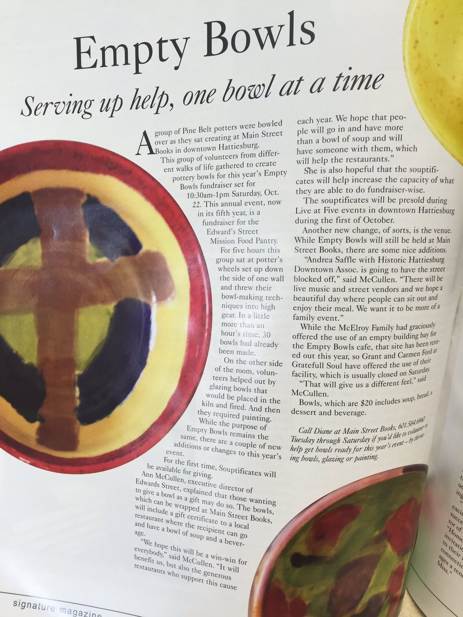 EdwardsStreet's tweet photo. Thanks for the great press coverage for #emptybowls, @SignatureMag! @HburgBooks @GratefullSoul #EB2016 #foodpantry https://t.co/pmA3GZW1Gp