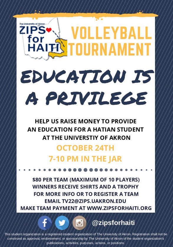zipsforhaiti's tweet photo. Zips for Haiti is hosting a volleyball tournament! More info about prizes coming soon 💸😉 https://t.co/ck05ScSTnU