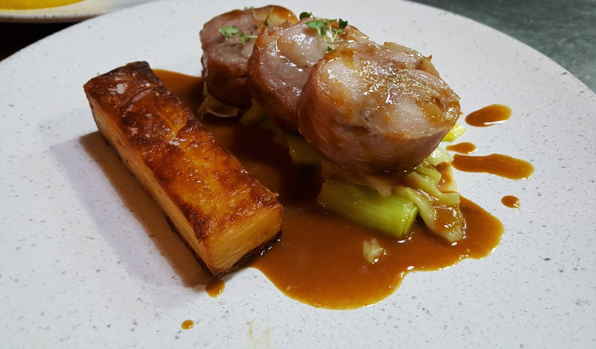 How about a delicious Prosciutto wrapped Rabbit Loin, Mustard Sauce, Leeks and Pomme Anne for dinner? #frenchfood #vancouver #rabbitdish