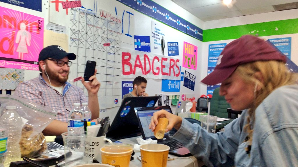 rachellybee's tweet photo. . @Jonpine24 facbook live-ing @bkoerth's baguette eating #TrainWI #WIBackHer https://t.co/hbedpECaAJ