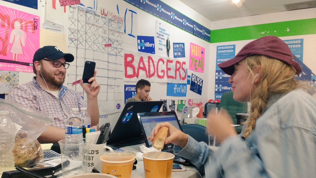 rachellybee's tweet photo. . @Jonpine24 facbook live-ing @bkoerth's baguette eating #TrainWI #WIBackHer https://t.co/hbedpECaAJ