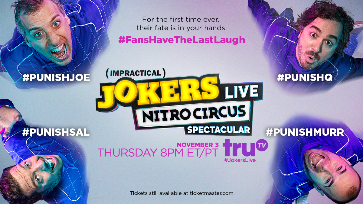JokersTBS's tweet photo. Who'll get punished at #JokersLive: @NitroCircus Spectacular? For the 1st time, FANS DECIDE. Vote #PunishJoe #PunishMurr #PunishQ #PunishSal https://t.co/k3VPWH52hZ