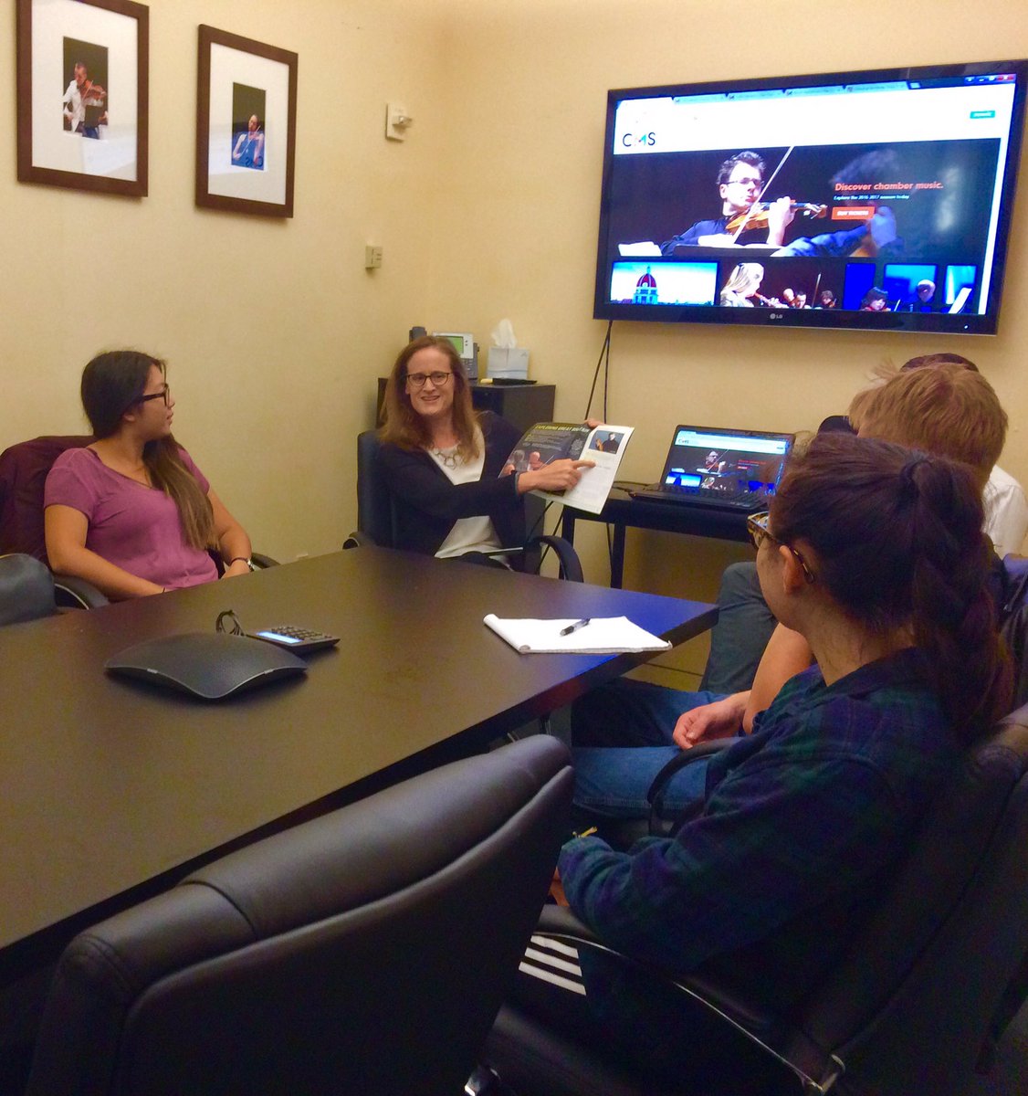 chambermusic's tweet photo. #CMSLC's Director of Artistic Planning and Administration, Valerie Guy, talks with the #StudentProducers about programming! #KeepLearning https://t.co/mtGe477F6x