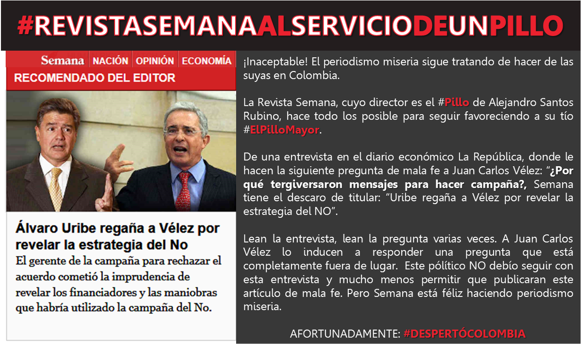 SerPilloPagaCO's tweet photo. ¡Inaudito! @RevistaSemana como siempre oportunista haciendo periodismo miseria en Colombia. Lean bien la entrevista: https://t.co/7QpFNsCypV https://t.co/YhNGHrCUWR