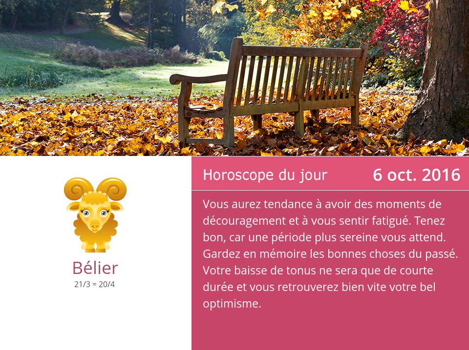 HoroscopeBelier's tweet photo. 6 oct. 2016: Horoscope du jour => Voir plus: https://t.co/qyHVW8bhPn #Bélier #Horoscope https://t.co/jMfUTkXH7d