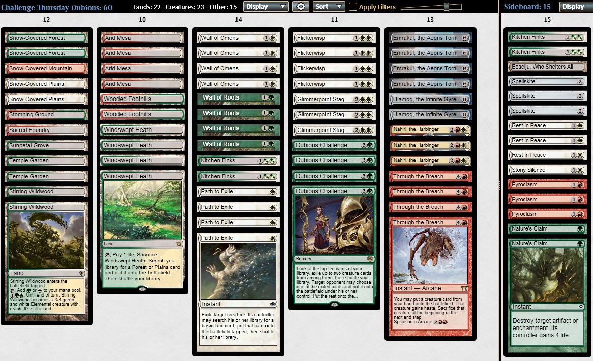 JimDavisMTG's tweet photo. Great Challenge Thursday; we went 3-2 with this Dubious pile. We even cast successful Dubious Challenge for Emrakul three times! #JDCT https://t.co/pAvUTt8FMs