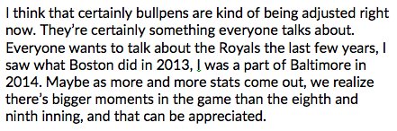 August_DF's tweet image. I asked Andrew Miller if his game tonight might embody the future of modern bullpen usage. His response: