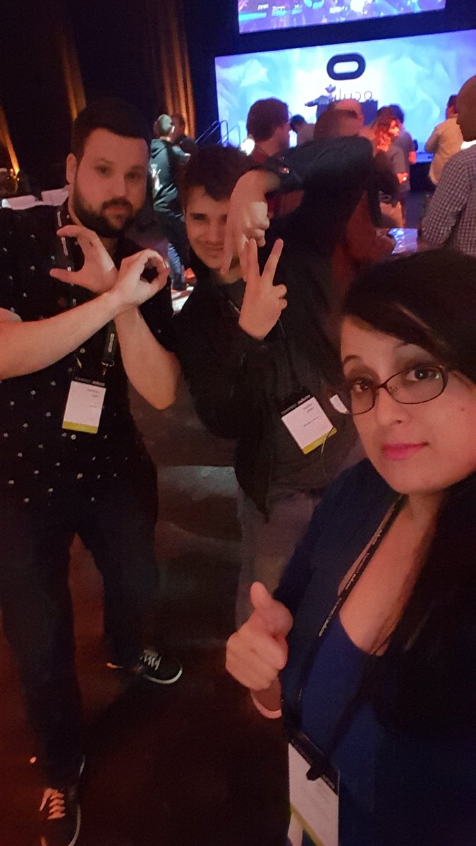 michelleosoriod's tweet photo. Fellow #VR nerds @VirtualUmbrella and @rewindco flashing the @oculus #OC3 sign. #VRPals https://t.co/tMhDa3pFG2
