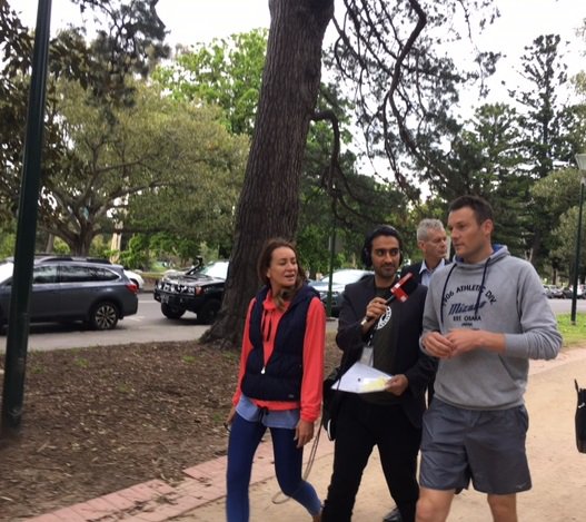 abcmelbourne's tweet photo. Champion runner @craig_mottram chatting to Waleed Aly and @MishBridges while walking around the tan for today's #ConvoHour. #RebootYourLife https://t.co/Z8XxasX9ME