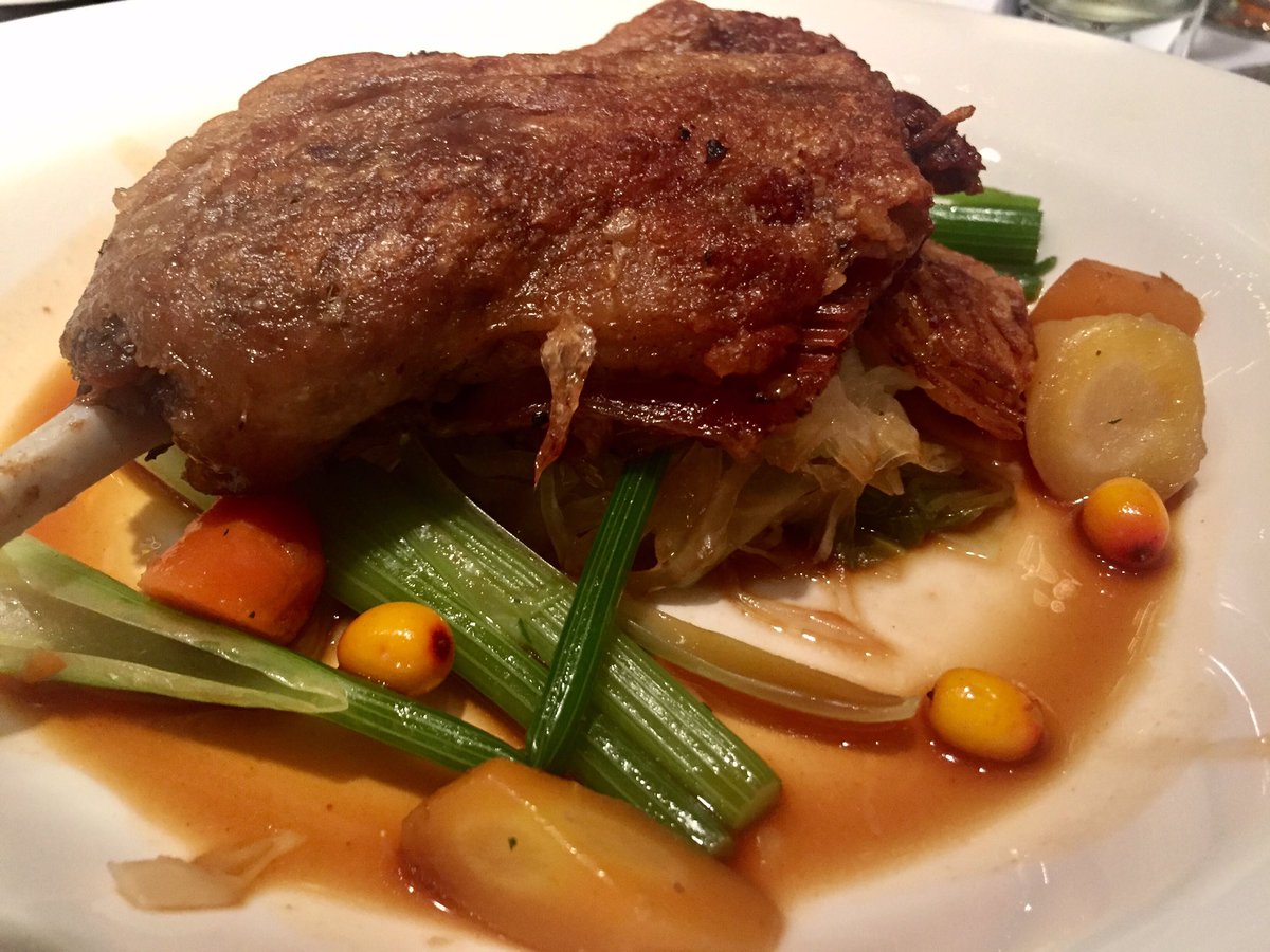 Slow cooked confit of <a href="/ThreeRidgesFarm/">Three Ridges Farm</a> duck leg with sea buckthorn sauce <a href="/SCORFoodHub/">SCOR FoodHub</a> @SavourElgin <a href="/laschicascoffee/">Las Chicas Del Cafe</a> <a href="/100milemark/">Mark Kenny, CSCMP</a> <a href="/rve24/">Rob</a>