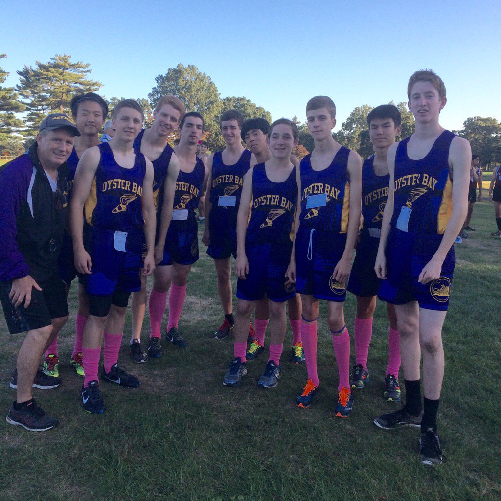 KTrentowski's tweet photo. Boys XC raises awareness for breast cancer by wearing pink socks @NassauTrackConf @OBENSchools @LauraSSeinfeld https://t.co/mYps87FVhz