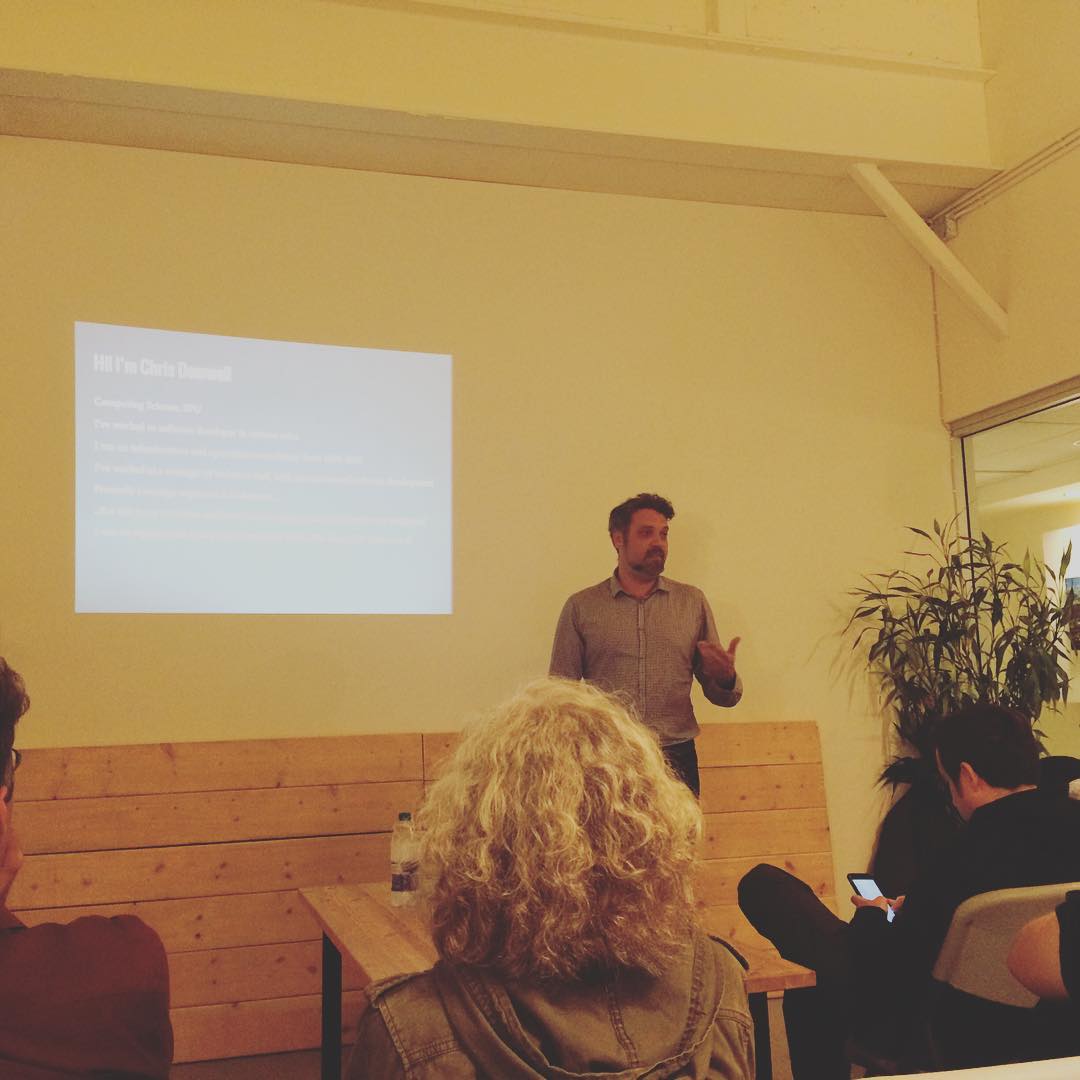NewWestTNH's tweet photo. Chris Demwell @cdemwell from @Unbounce talking about #Devops culture at #newwest tech biz #Meetup at @thenetworkhub #newwesttech https://t.co/xBaaMOklVz