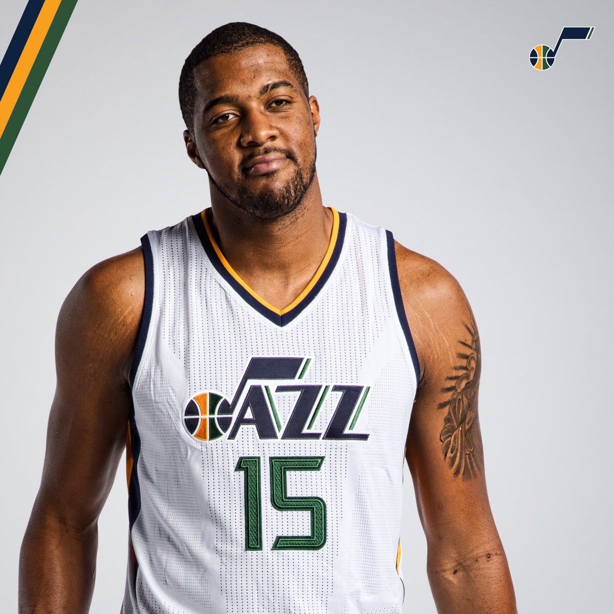 utahjazz's tweet photo. Derrick Favors, from Atlanta, GA, is one of the best 2-way players in the NBA &amp; 1 of 3 players to avg 16p/8r/1.5b/1s last year. #MeetTheJazz https://t.co/bnBtvll4EC