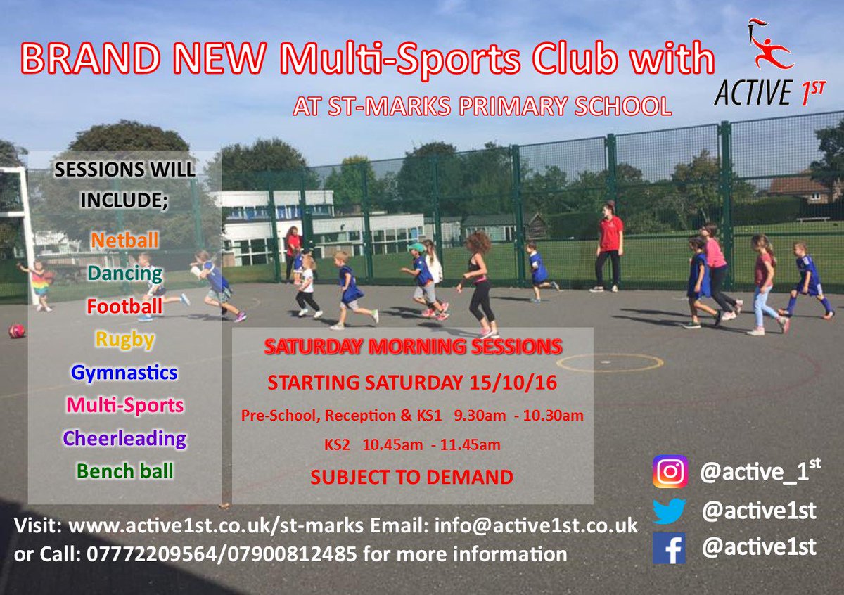 Active1st's tweet photo. We also have St Marks Saturday sessions starting next week! Saturday 15th October! Visit https://t.co/PsnJTbfW7s to book your child's space! https://t.co/0Mp7NPia6X