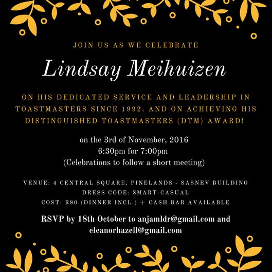 PinelandsTM's tweet photo. Join us as we celebrate Lindsay Meihuizen on achieving his distinguished toastmasters (DTM) award! #Toastmasters #Distinguished #DTM https://t.co/VGGknPcBtN