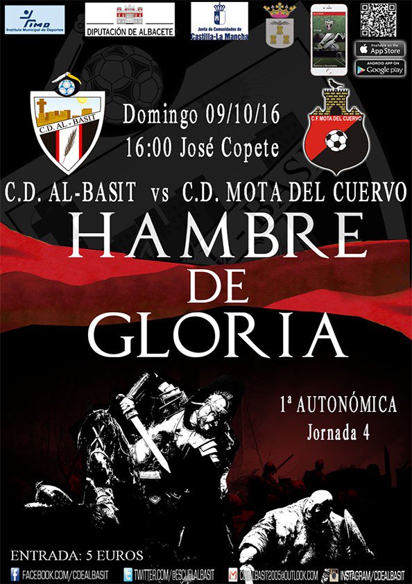 ⚽  <a href="/EscuelaAlBasit/">C.D. AL-BASIT</a> - <a href="/CdMotaDelCuervo/">Cd. Mota Del Cuervo</a> 
🏠  José Copete
🏆  Liga 1ª Autonómica, G1.
📆  Domingo
⏲  16:00
cdealbasit.com/?p=5563