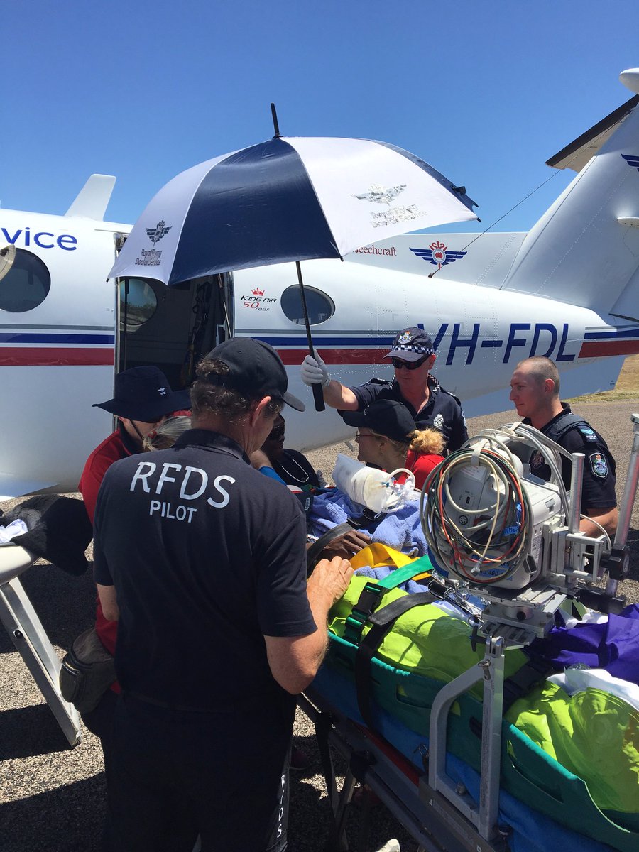 ShannonMM9's tweet photo. First image of injured flown into #Cairns after a man allegedly drove his vehicle into a large gathering at #Kowanyama Photo @RoyalFlyingDoc https://t.co/VVjbQHpvFz