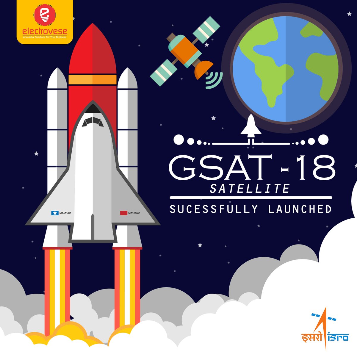 electrovese's tweet photo. GSAT-18 successfully launched by Ariane-5 VA-231 from Kourou, French Guiana! 
#ISRO #GSAT18 @isro https://t.co/HYxyhFkHTN
