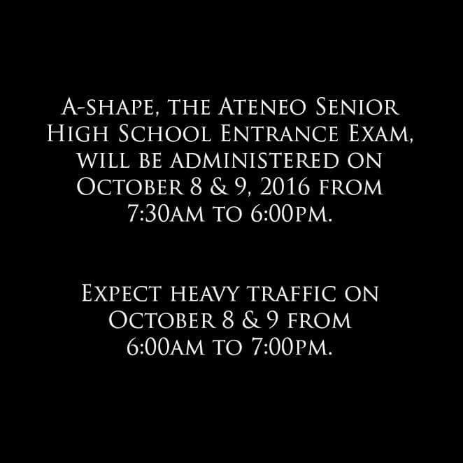 ateneodemanilau's tweet photo. Expect heavy traffic in Katipunan on Oct. 8 &amp; 9, 2016 @AteneoSHS #ashape #ateneoseniorhigh #ateneo https://t.co/5vrYFxf0PO