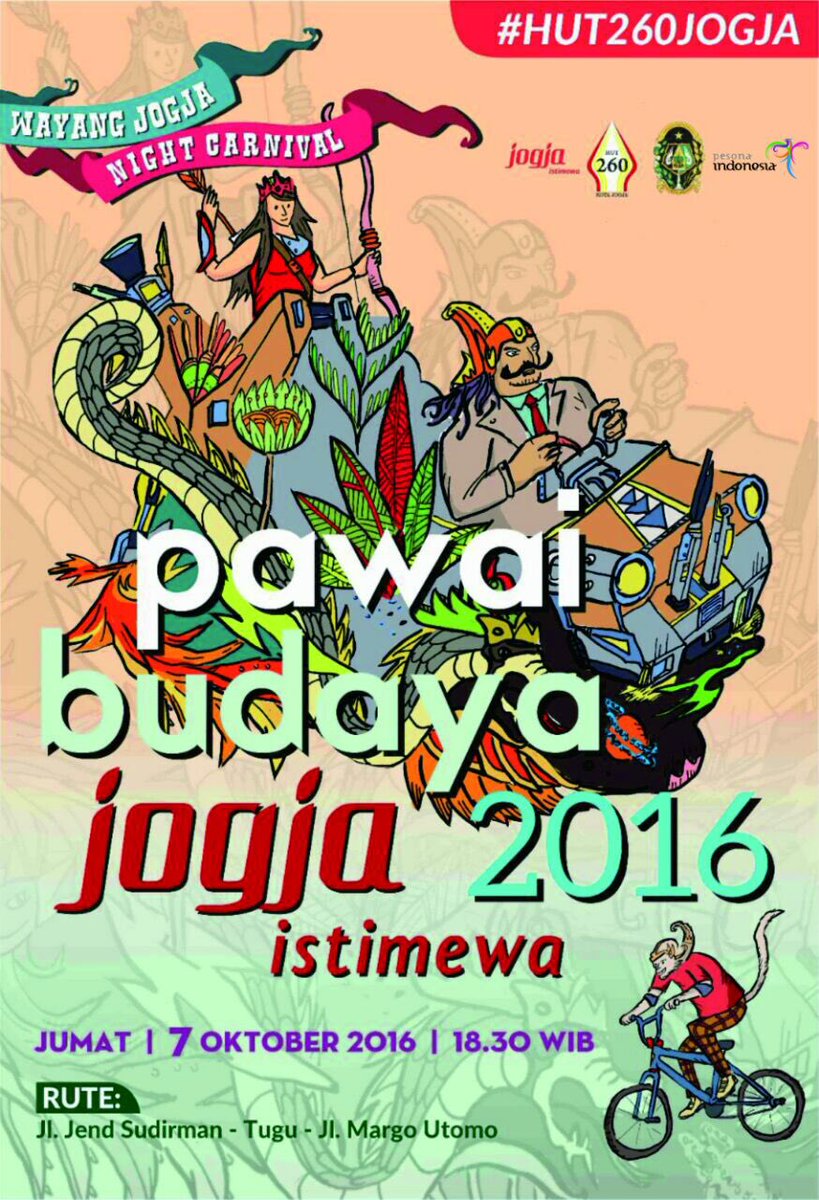 infojogja's tweet photo. #HUT260Jogja | Pawai Budaya "Wayang Jogja Night Carnival", HARI INI 7 Okt'16 18.30, Rute: Jl Jend Sudirman - Tugu - Margo Utomo/Mangkubumi https://t.co/8lrsn5rGb0