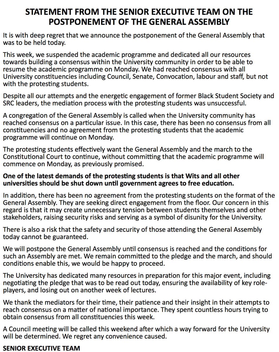 STATEMENT: POSTPONEMENT OF THE GENERAL ASSEMBLY